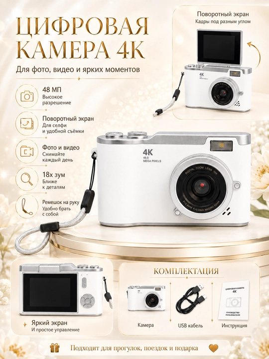 4K raqamli kamera - 48 megapikselli aylanadigan ekran, 18x zum, surat va videolar uchun - 