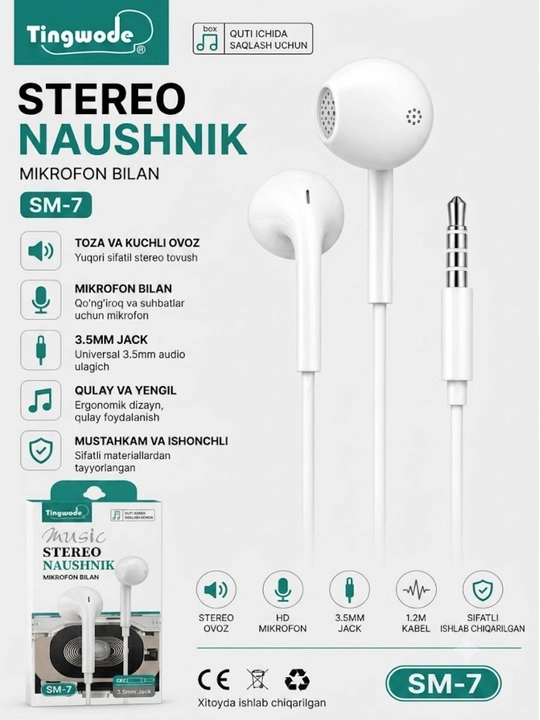 Simli quloqchin Tingwode SM-7 mikrofoni bilan, 3.5mm naushnik telefon va kompyuter uchun - 