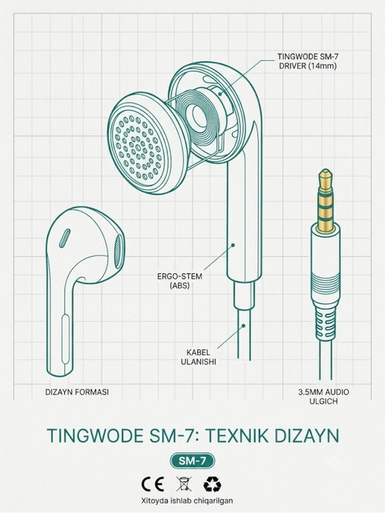 Simli quloqchin Tingwode SM-7 mikrofoni bilan, 3.5mm naushnik telefon va kompyuter uchun