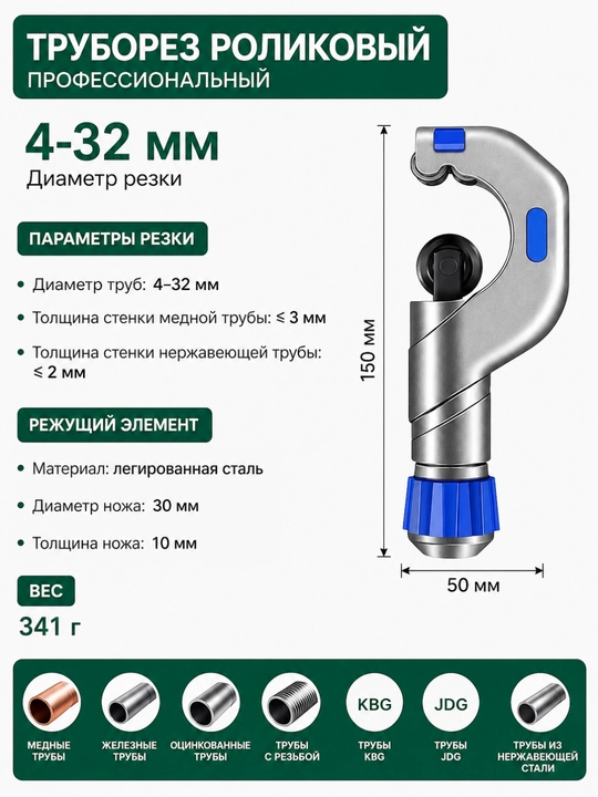 Профессиональный роликовый труборез 4–32 / 5–50 / 6–70 мм