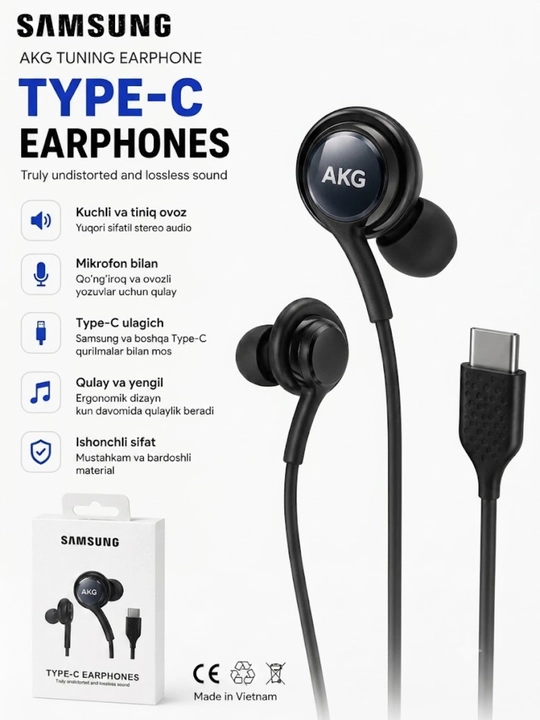 Simli quloqchin Samsung AKG Type-C mikrofoni bilan, vakuumli naushnik telefon uchun - 