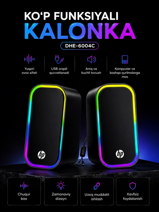 HP DHE-6004C Multimedia Karnaylari – RGB Yorug‘lik, Kompyuter va Noutbuk uchun Karnay - 
