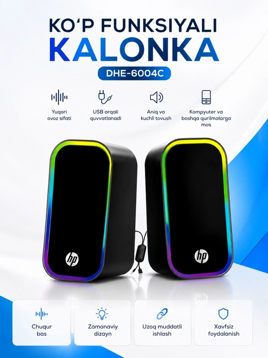 HP DHE-6004C Multimedia Karnaylari – RGB Yorug‘lik, Kompyuter va Noutbuk uchun Karnay
