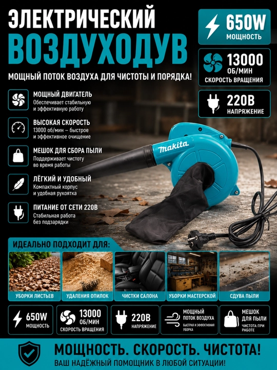 Электрический воздуходув 650W, 220В, 13000 об/мин - 