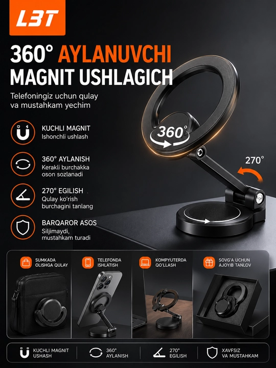 L-919 Magnitli Telefon Stendi – 360° Aylanuvchi, Universal Mos, Mustahkam Dizayn - 