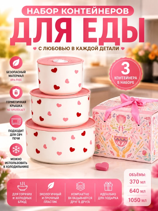 Контейнер для еды 3 шт с крышками, контейнеры для холодильника, контейнер для хранения - 