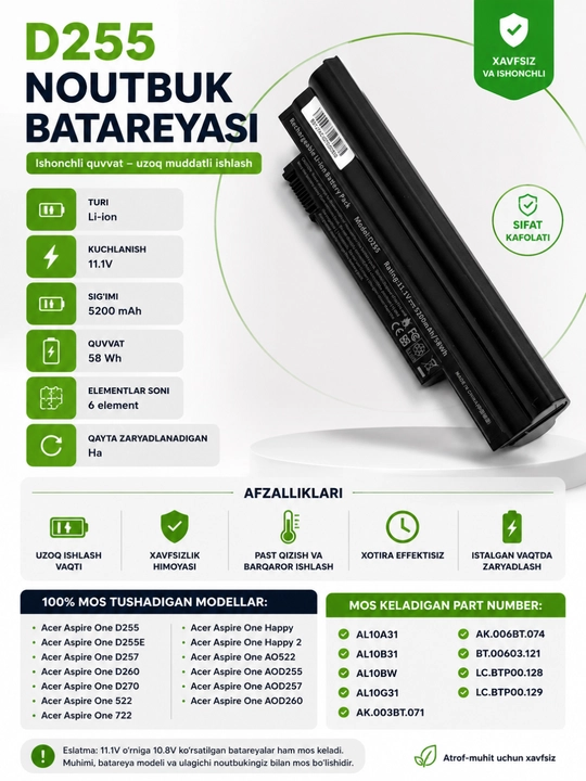 Acer Aspire One D255 / D257 / D260 / D270 netbuklari batareyasi AL10A31 /AL10B3 /AL10G31
