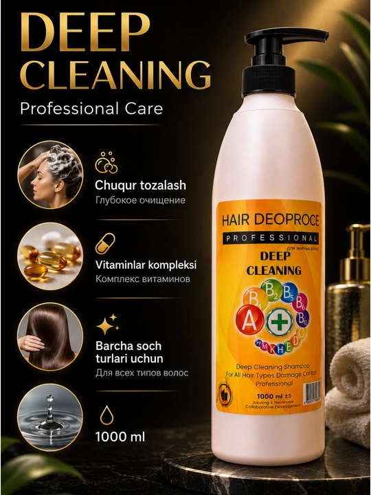 Soch uchun professional Deep Cleaning shampun, vitaminlar kompleksi bilan, 1000 ml - 