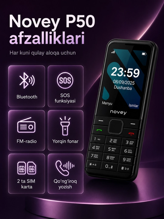 Novey P50 tugmali telefoni, kamera, ikki SIM karta