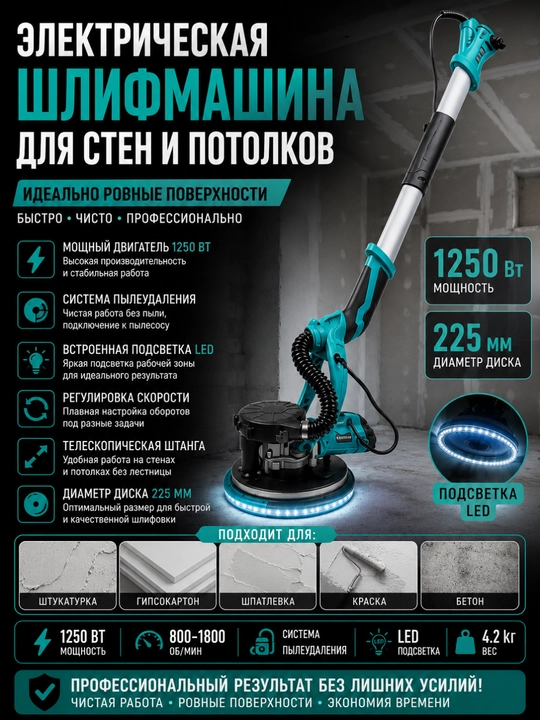 Электрическая шлифмашина для стен и потолка 1250 Вт, с подсветкой и системой пылеудаления - 