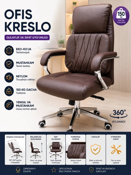 Rahbar uchun kreslo yuqori og'irlik uchun bardoshli, maksimal 150 kg gacha - 