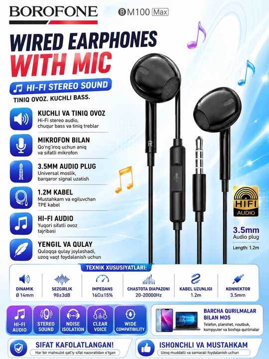 Simli quloqchin Borofone BM100 Max mikrofoni bilan, 3.5mm naushnik telefon uchun - 
