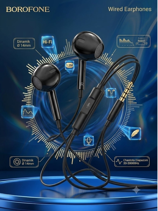 Simli quloqchin Borofone BM100 Max mikrofoni bilan, 3.5mm naushnik telefon uchun
