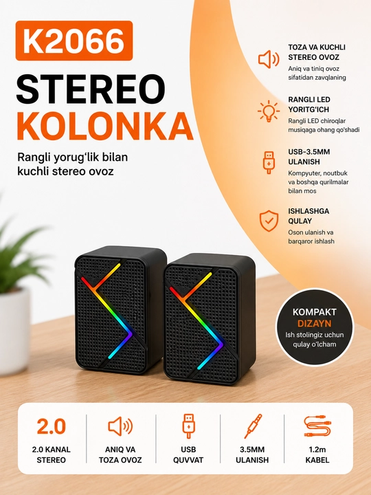 K2066 simli kompyuter kalonkasi, USB + 3.5 mm AUX, stereo ovoz, RGB yoritgich - 