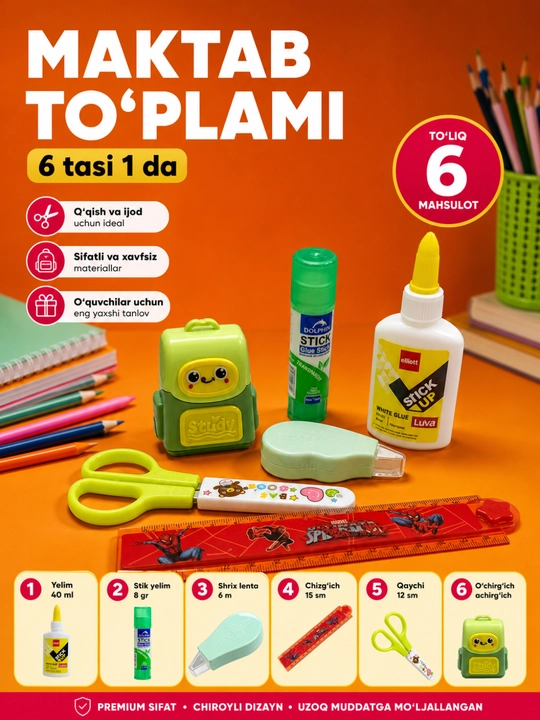Yelim stick 8 g, yelim PVA 40 g, chizg‘ich 15 sm, qaychi, shtrix o‘chirg‘ich+charxlagich