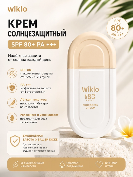 Солнцезащитный крем Wiklo SPF 80 PA+++ для лица и тела, защита от UVA/UVB, 50 мл