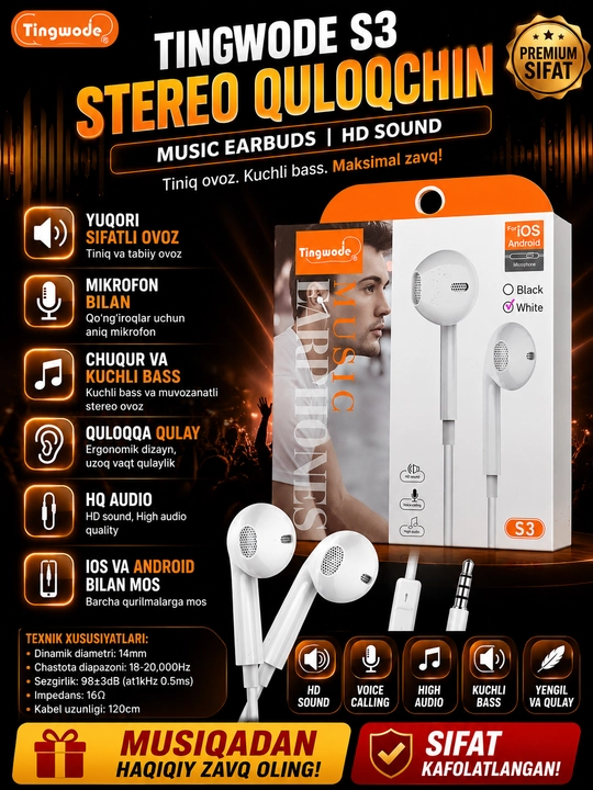 Simli quloqchin Tingwode S3 3.5mm mikrofoni bilan, Android va iOS uchun stereo naushnik - 