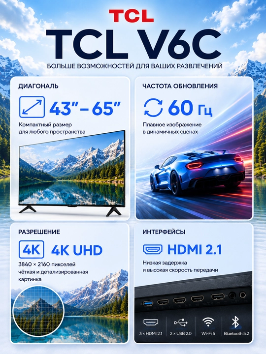 Телевизор TCL V6C, 50–65″ 4K HDR, Google TV, Dolby Audio, Wi-Fi, Bluetooth