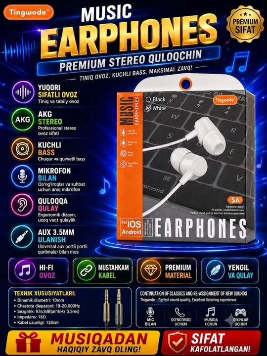 Simli quloqchin Tingwode S6 mikrofoni bilan, AUX 3.5mm naushnik telefon va kompyuter uchun - 