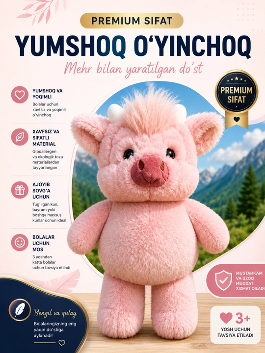 45/60 sm o‘lchamli "Buzoq" yumshoq osma o‘yinchog‘i - pushti va och kulrang