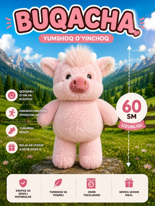 45/60 sm o‘lchamli "Buzoq" yumshoq osma o‘yinchog‘i - pushti va och kulrang