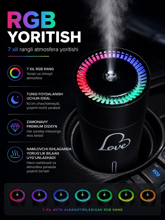 Love yozuvi yoki avtomobil logotipi tushirilgan RGB havo namlagich