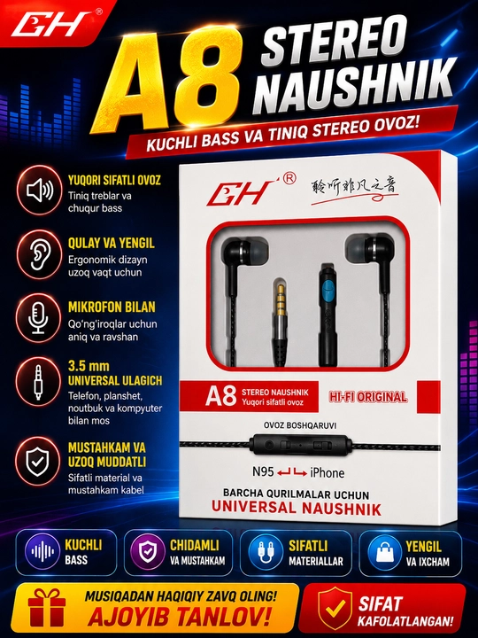 EH A8 Stereo Quloqchin – Kuchli Bass va Tiniq Ovoz - 