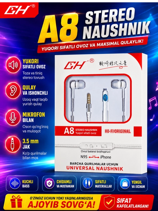 EH A8 Stereo Quloqchin – Kuchli Bass va Tiniq Ovoz - 