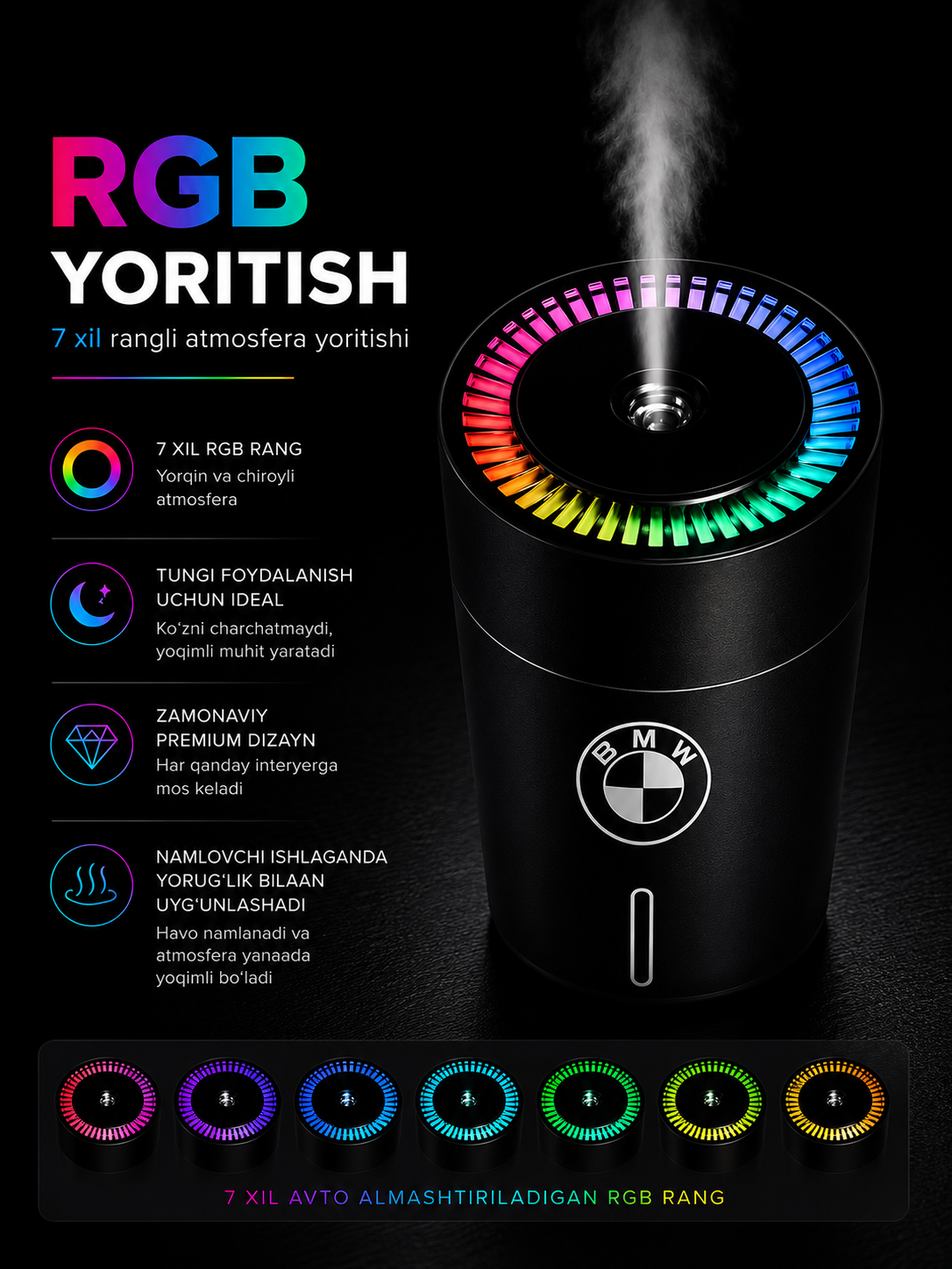 Мини-увлажнитель воздуха с гравировкой Love или логотипом автомобиля, RGB-подсветка - 