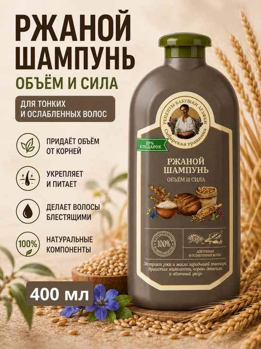 Шампунь для волос, тонких и ослабленных Сибирская травница "Объем и сила. Ржаной", 500 мл - 