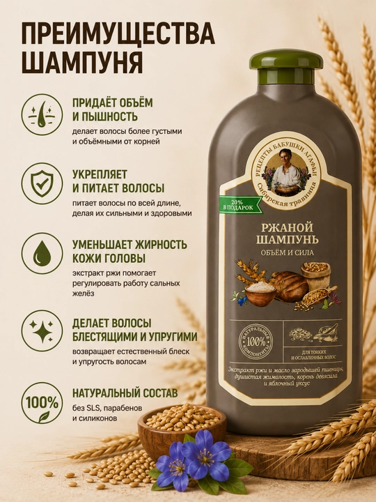 Шампунь для волос, тонких и ослабленных Сибирская травница "Объем и сила. Ржаной", 500 мл