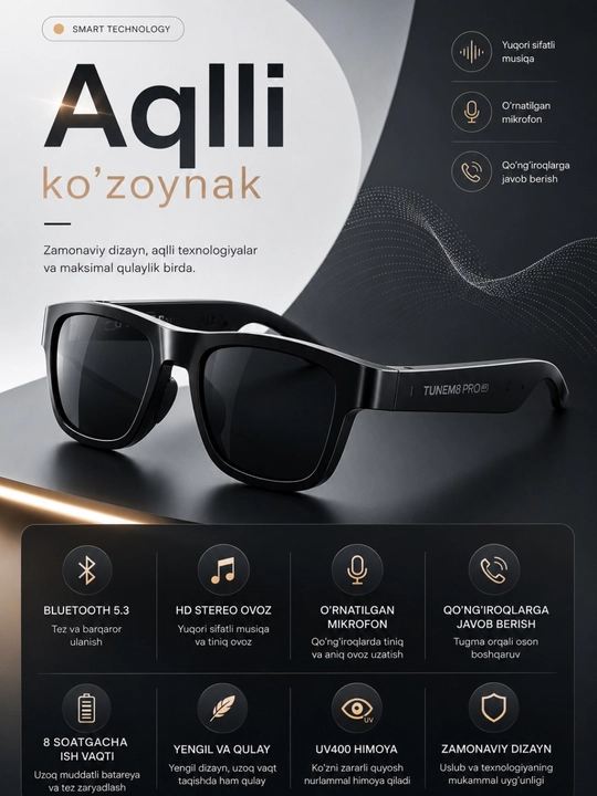 M8 Pro / TUNEM6 PRO smart ko‘zoynagi Bluetooth 5.3, HD stereo, mikrofon, UV400