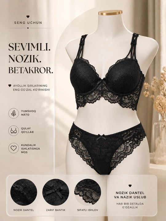 Ayollar uchun ichki kiyim, to'rli, byustgalter va trusik, push up byustgalter, to'rli - 