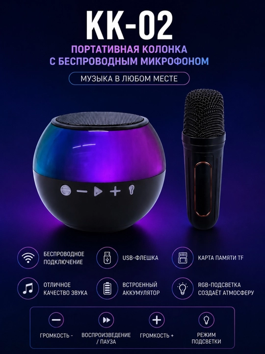 Bluetooth колонка KK-02 с беспроводным микрофоном, RGB-подсветкой и караоке