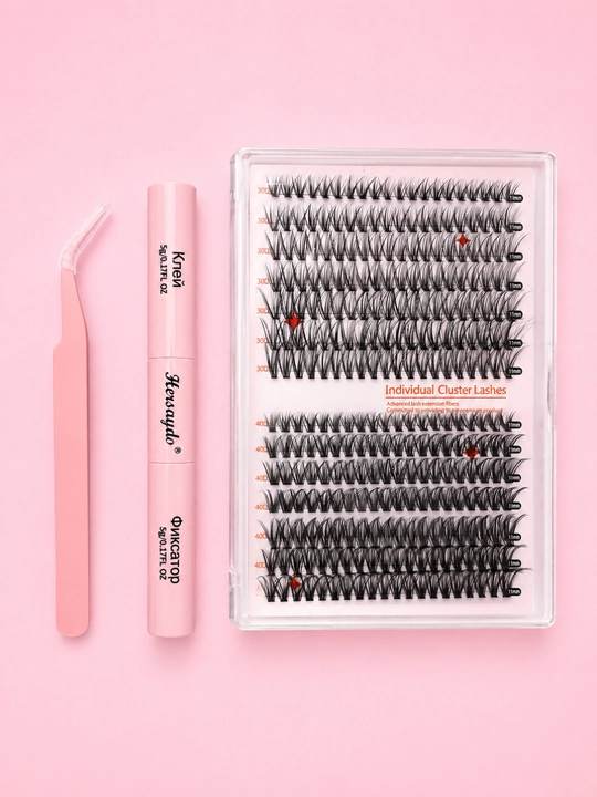 Donalik ulama kipriklar nabori, pinset va yelim bilan, tabiiy sun'iy kiprik to'plami
