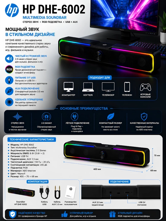 Колонка HP DHE 6002 RGB подходит для ПК, ноутбука и телефонов - 