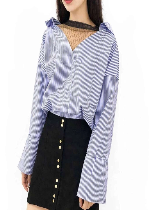 Женская рубашка oversize в полоску с сетчатой внутренней кофтой, casual стиль - 