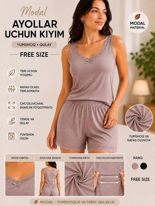 Женский домашний комплект из модала, майка и шорты, Free Size - 