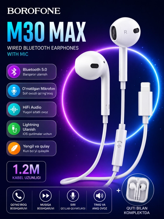Borofone BM30 Max Lightning naushnik, iPhone uchun simli quloqchin, mikrofonli garnitura - 