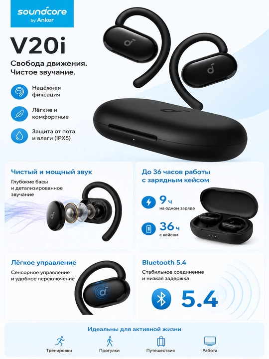Soundcore by Anker V20i simsiz Bluetooth quloqchinlari, ochiq turdagi, Bluetooth 5.4, IP55 - 
