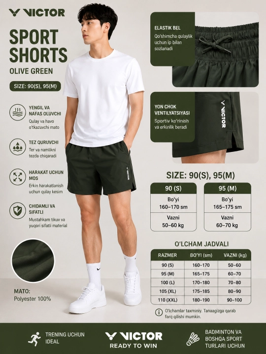 VICTOR Sport Shorts – Olive Green (Made in Korea)