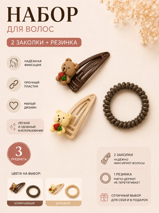 Набор детских аксессуаров для волос 2 заколки + 1 резинка - 