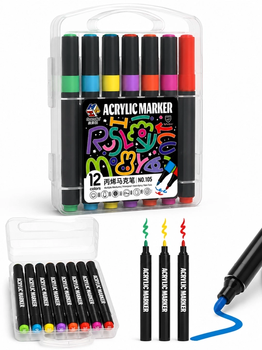 12, 18, 24 rangli akril markerlar to‘plami, suvga chidamli bo‘yoqli marker, plastik qutida