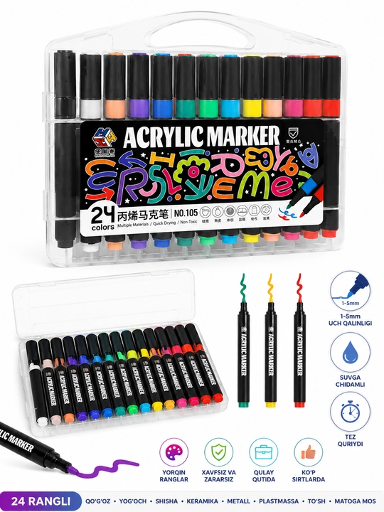 12, 18, 24 rangli akril markerlar to‘plami, suvga chidamli bo‘yoqli marker, plastik qutida