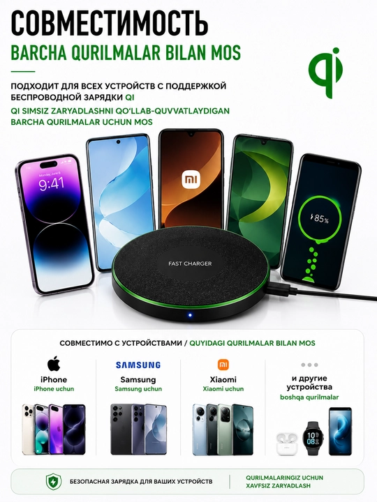 Беспроводное зарядное устройство 15W для смартфонов