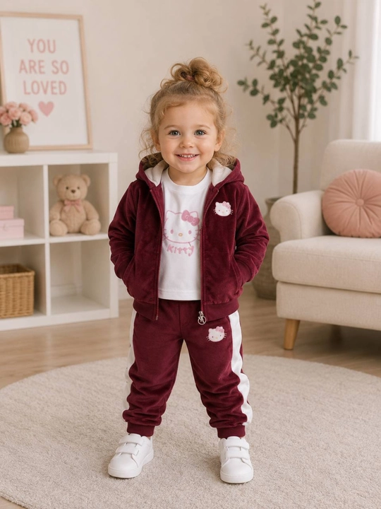 Qiz bolalar uchun velyur 3 qismli sport kostyumi – Hello Kitty - 