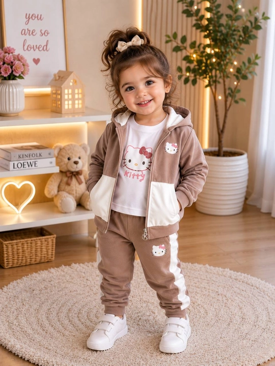 Qiz bolalar uchun velyur 3 qismli sport kostyumi – Hello Kitty - 