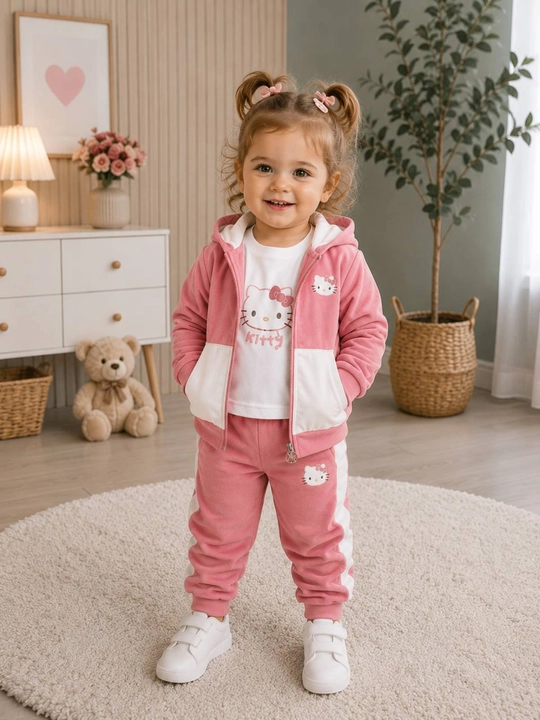 Qiz bolalar uchun velyur 3 qismli sport kostyumi – Hello Kitty - 