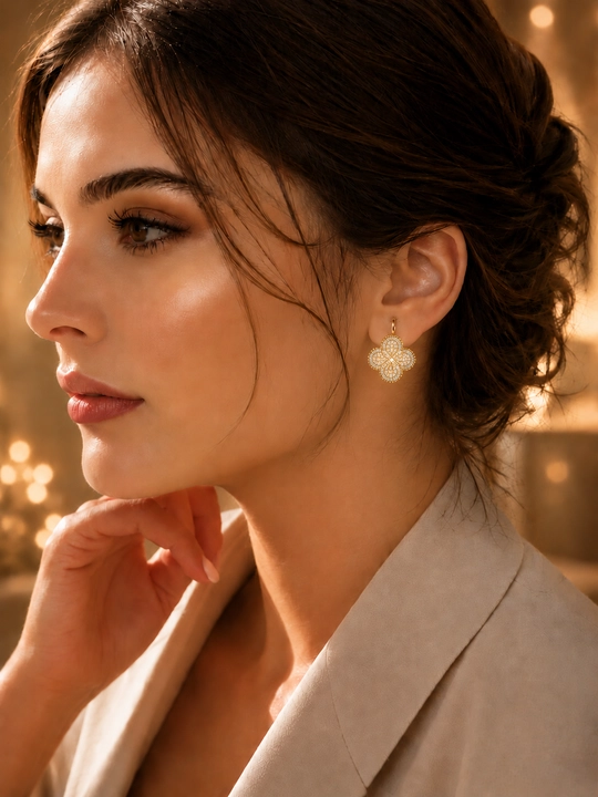 Серьги женские, Van Cleef, с фианитами, золотистые и серебристые