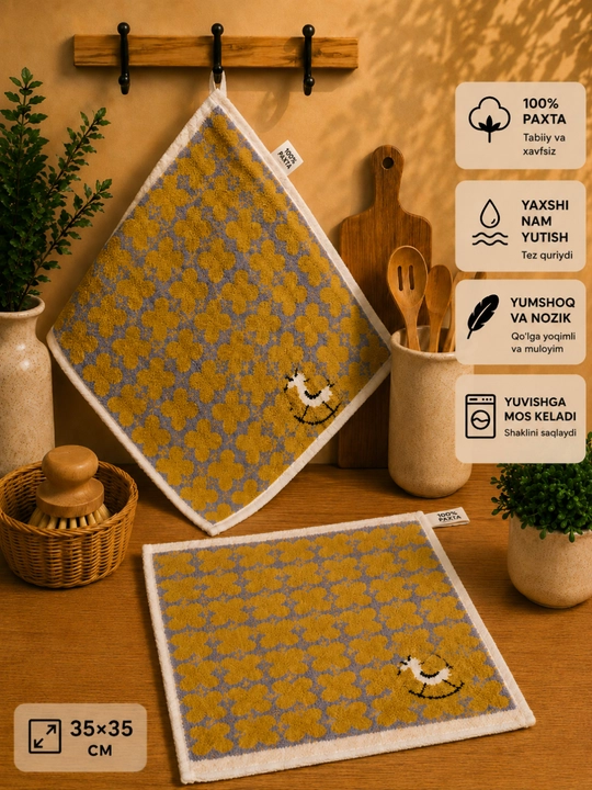 Oshxona sochiqlari 35 * 35 sm, paxtali velur, paxmoq, to‘plam 4 dona, 6 dona - 